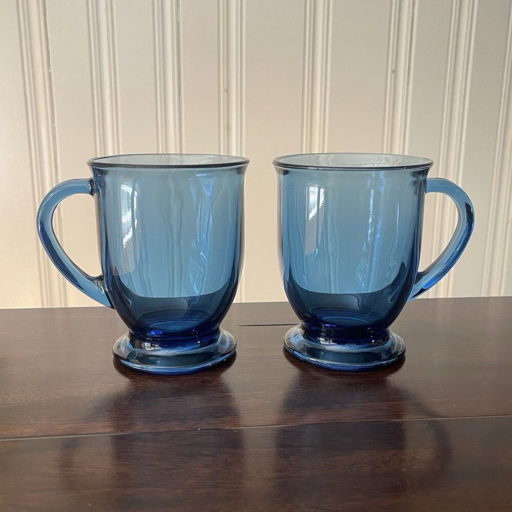 Vintage Anchor Hocking Set Of 2 Cobalt Blue Glass Coffee Mugs Tea Cups 5”
